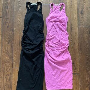 Michael Stars Black and Pink Ruched Midi Dresses